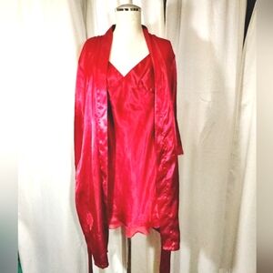 2 Pc:Victoria's Secret Robe+Frederick's of Hollywood Slip,Red Satin,Rose Lace, S